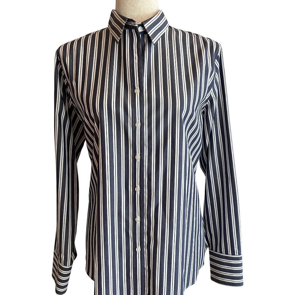 Lands End No Iron Supima Deep Sea/White Stripe 12P